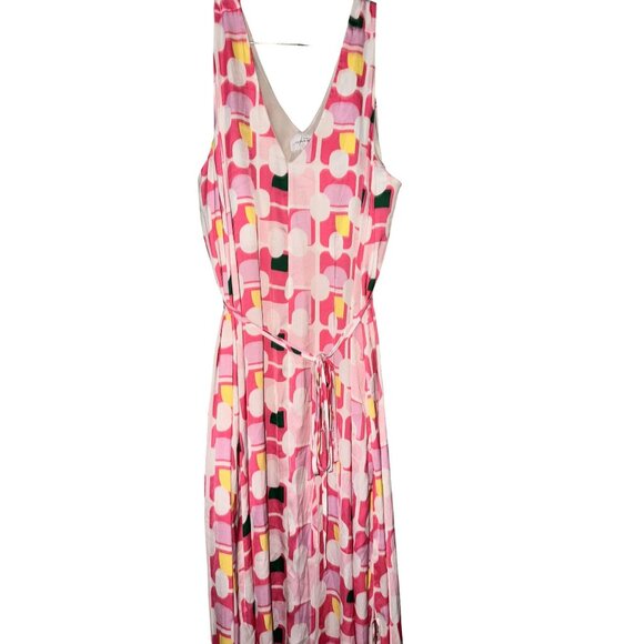 Soma Weekend Pink Geometric Maxi Dress V-Neck Tie Waist XL built in bra pockets - Picture 3 of 11